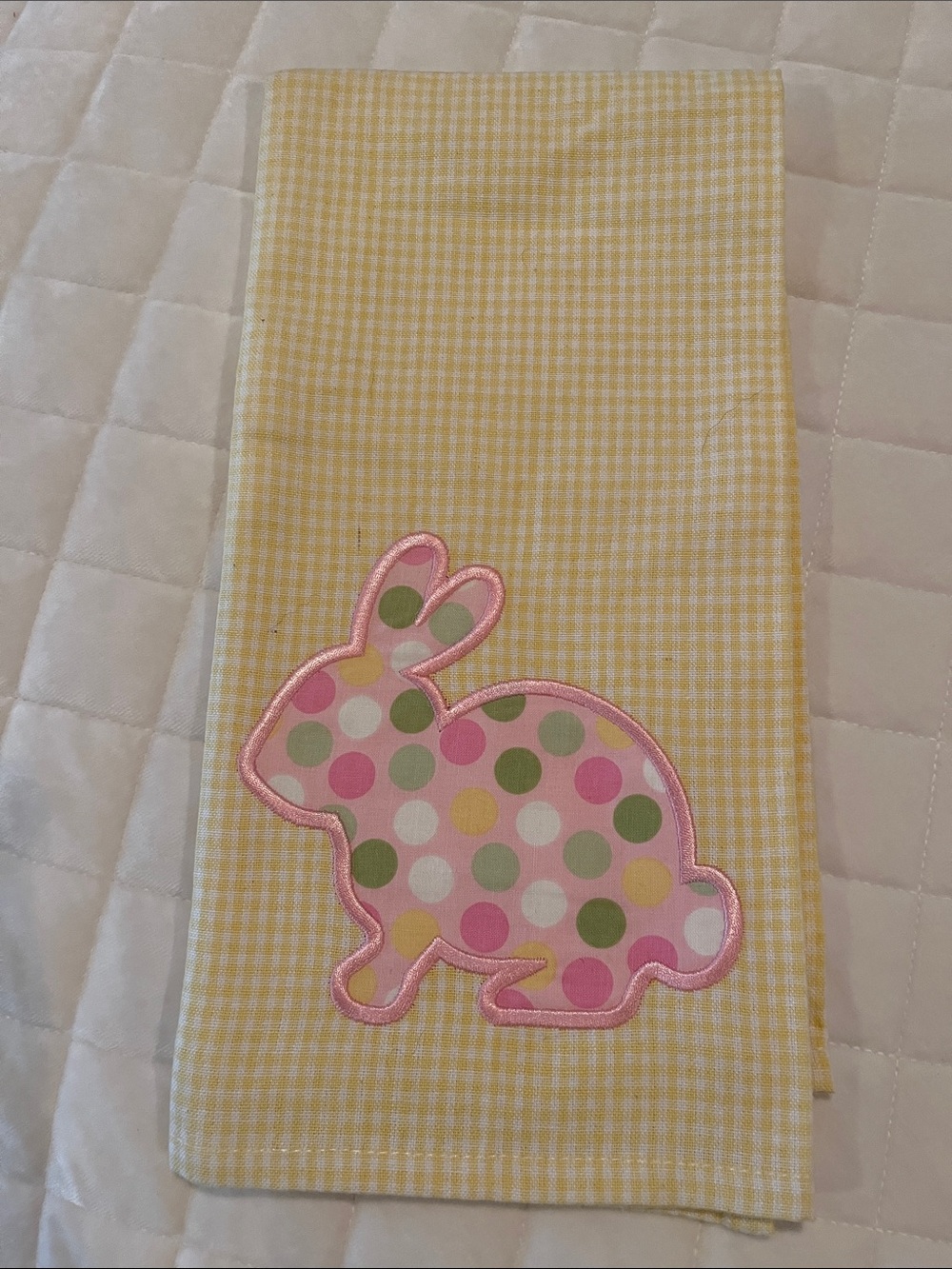Yellow Gingham Kitchen Towel with Pink Polka-Dot Bunny Applique